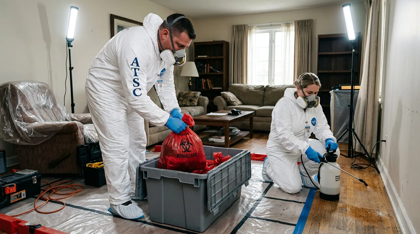 Professional Biohazard Cleanup technician in full PPE working in Winfield